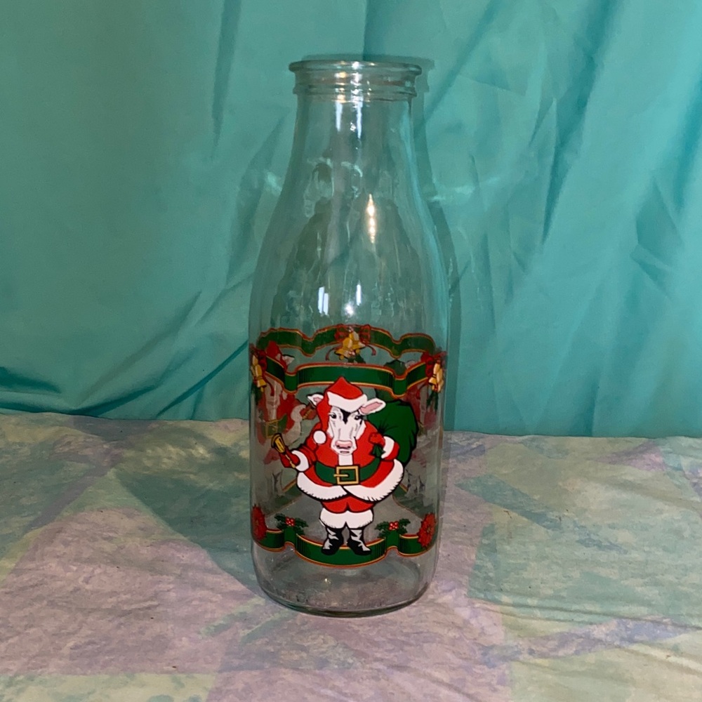 Vintage Sherwood Farms Christmas Cow Glass Milk Bottle